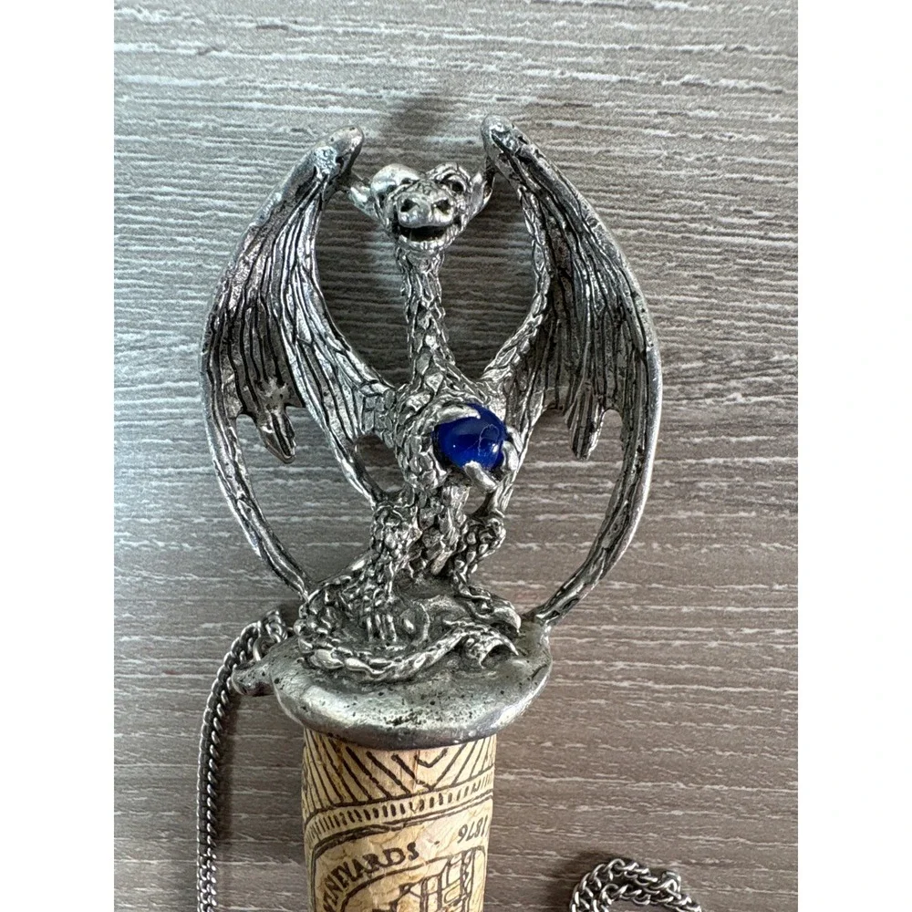 Dragon Wine Bottle Stopper Cork Chain Blue Gem Accent Pewter‎ Finish